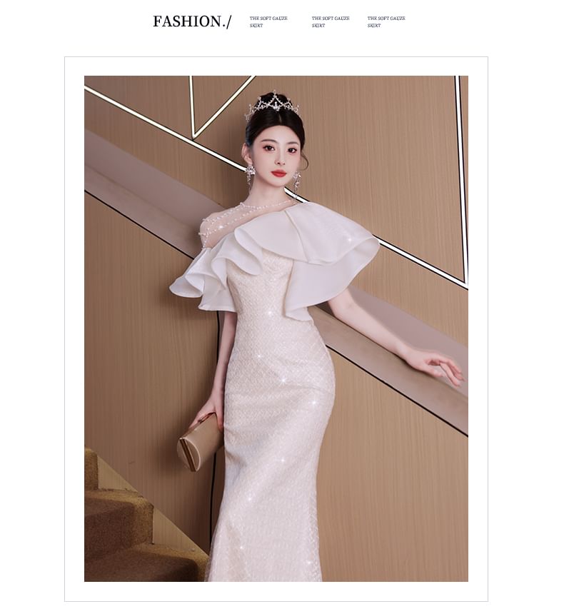 Short-Sleeve Ruffle Trim Beaded Sequin Mermaid Evening Gown