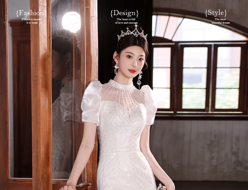 Short-Sleeve Beaded Sequin Mermaid Wedding Gown