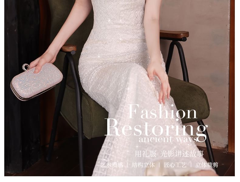 Short-Sleeve Beaded Sequin Mermaid Wedding Gown