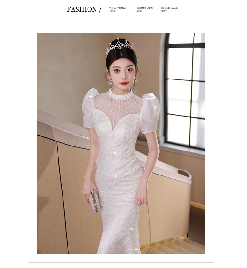 Short-Sleeve Beaded Sequin Mermaid Wedding Gown