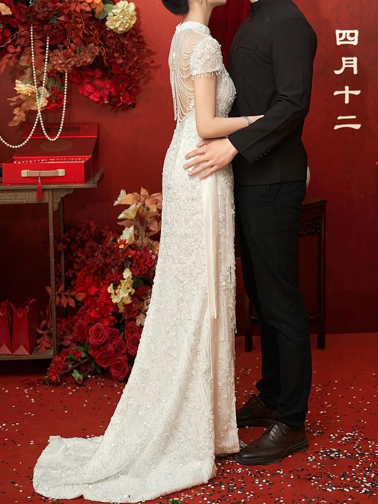 Short-Sleeve Bead Fringe Bow A-Line Evening Gown