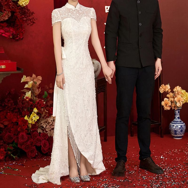 Short-Sleeve Bead Fringe Bow A-Line Evening Gown