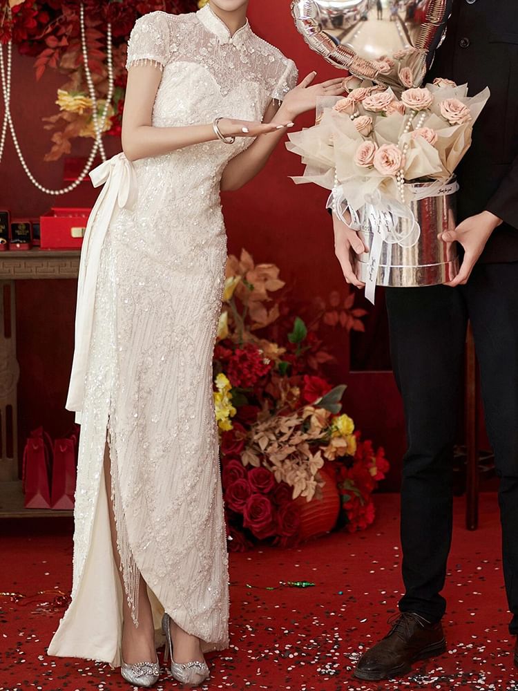 Short-Sleeve Bead Fringe Bow A-Line Evening Gown