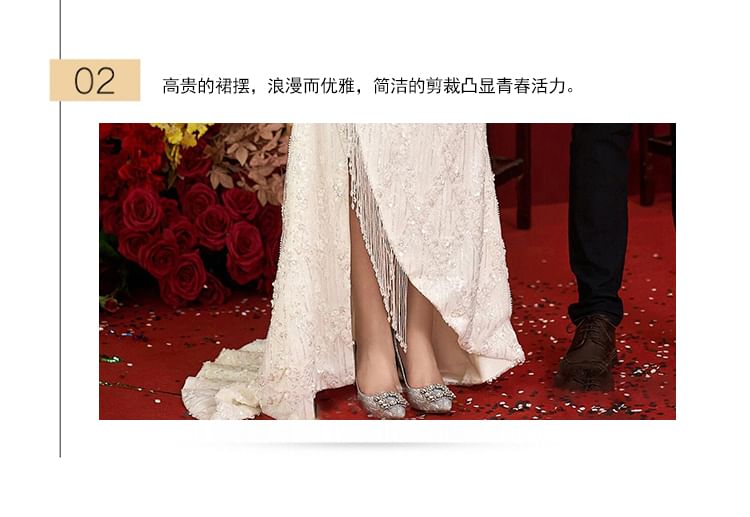 Short-Sleeve Bead Fringe Bow A-Line Evening Gown