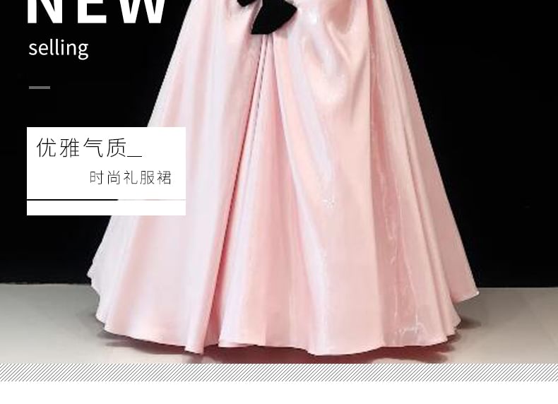Cold-Shoulder Satin Bow Shirred Evening Gown