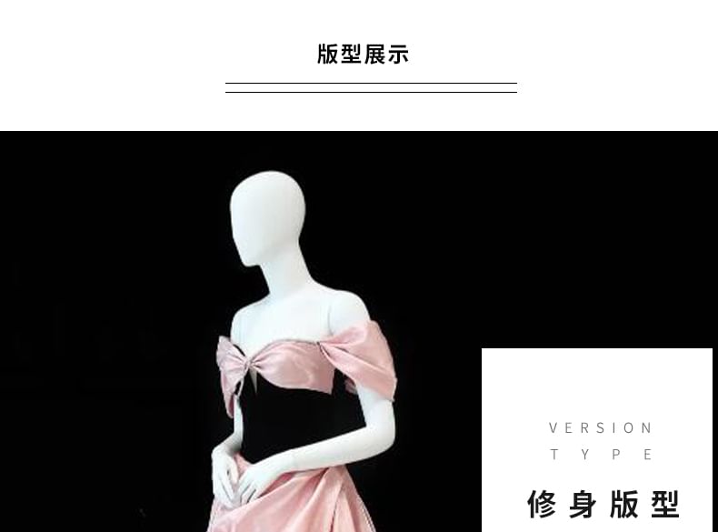 Cold-Shoulder Satin Bow Shirred Evening Gown