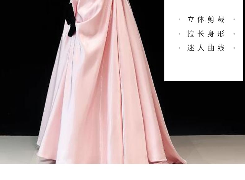 Cold-Shoulder Satin Bow Shirred Evening Gown