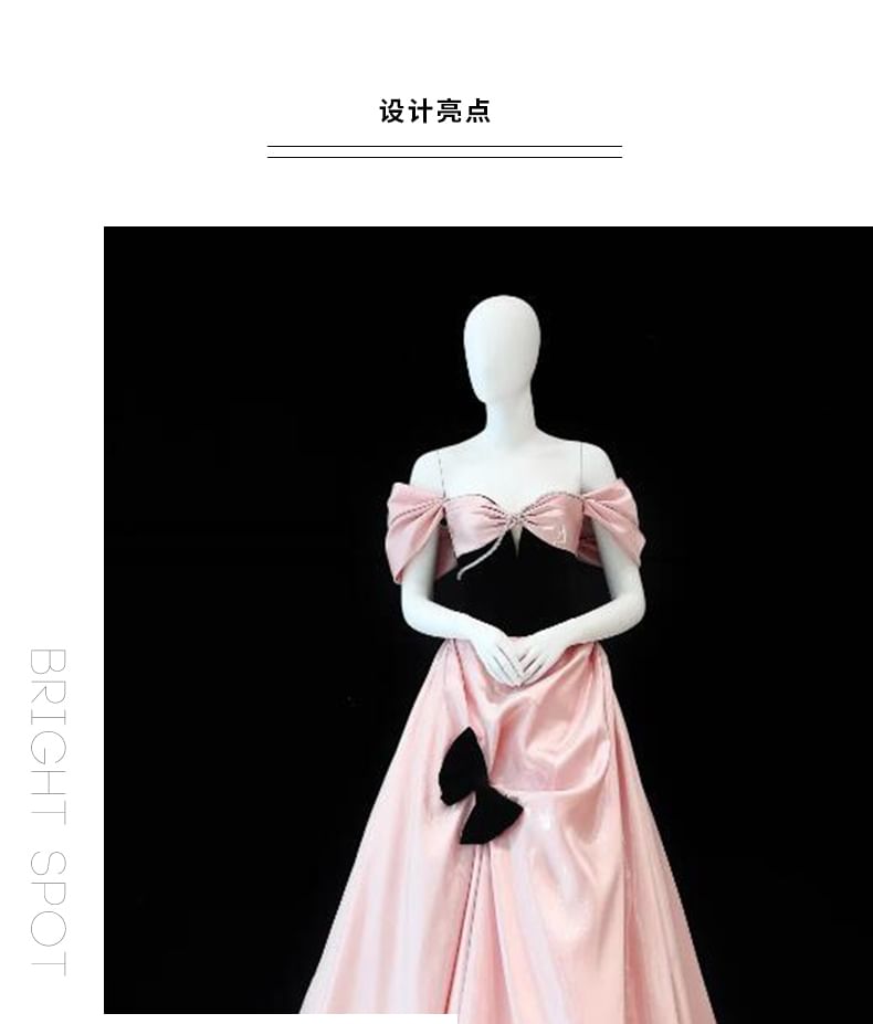 Cold-Shoulder Satin Bow Shirred Evening Gown