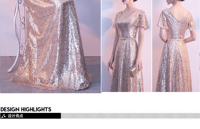 Short-Sleeve V-Neck Sequin Maxi A-Line Evening Dress