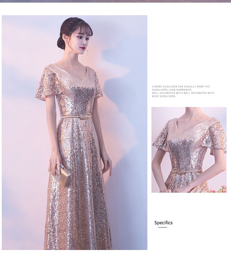 Short-Sleeve V-Neck Sequin Maxi A-Line Evening Dress