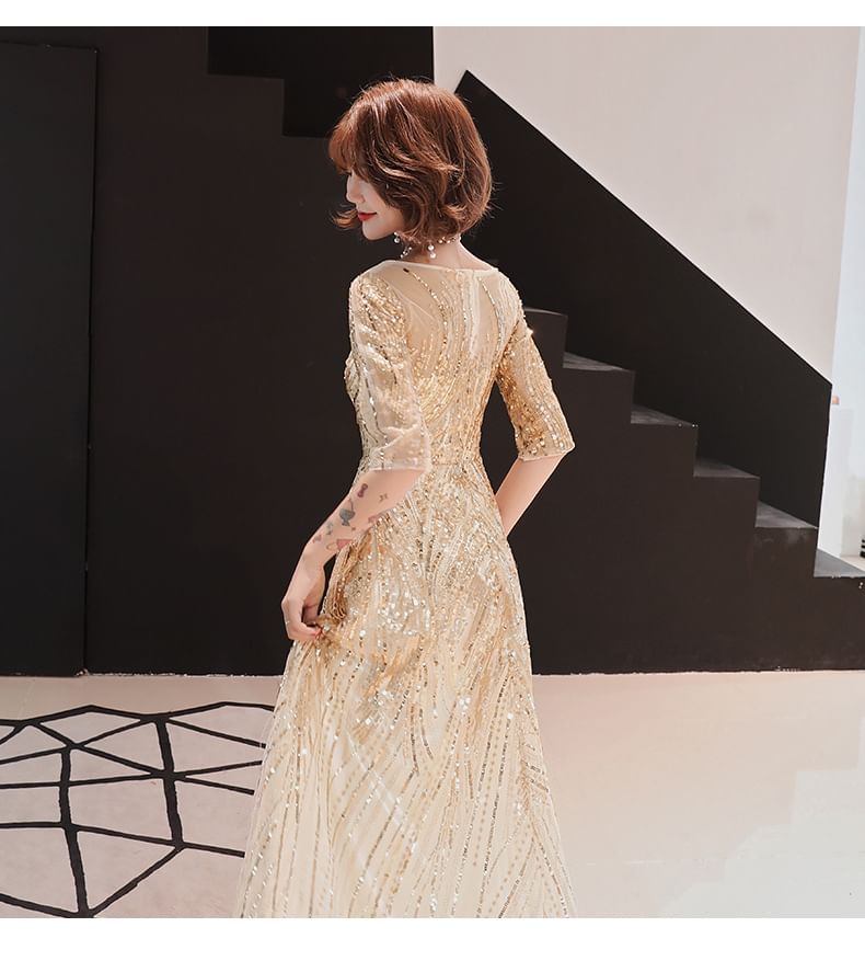 Elbow-Sleeve Round Neck Sequin A-Line Evening Gown