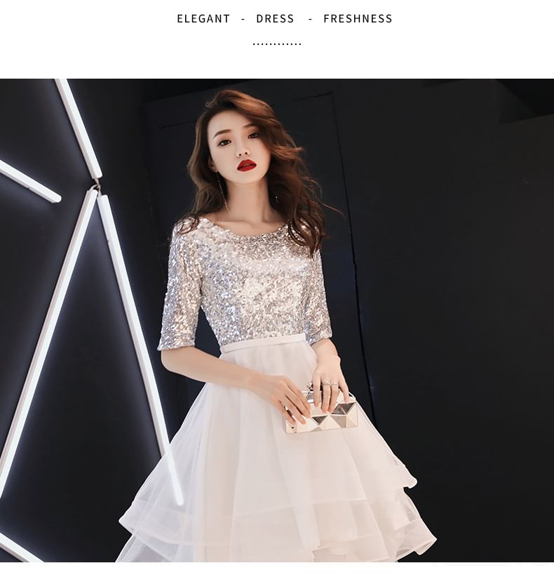 Short-Sleeve Sequin Mesh Panel A-Line Cocktail Dress (Various Designs)