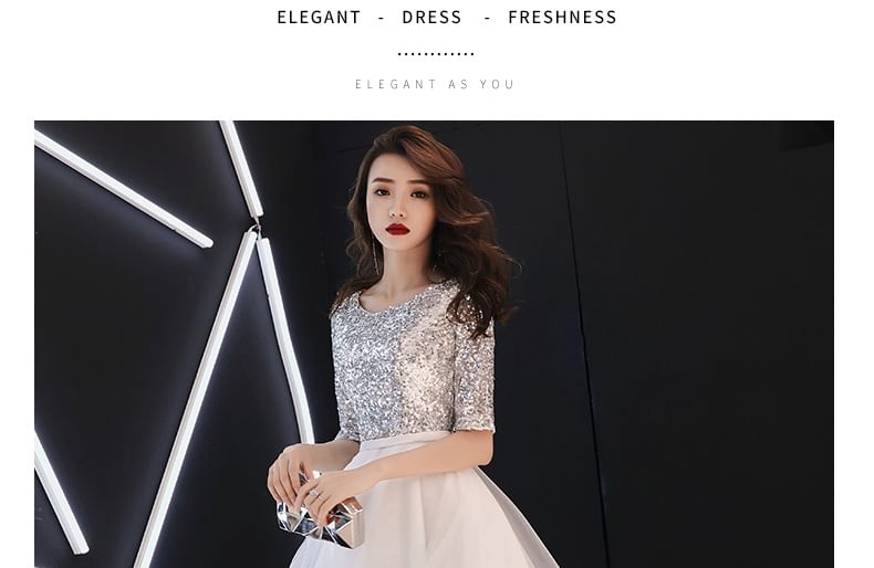 Short-Sleeve Sequin Mesh Panel A-Line Cocktail Dress (Various Designs)