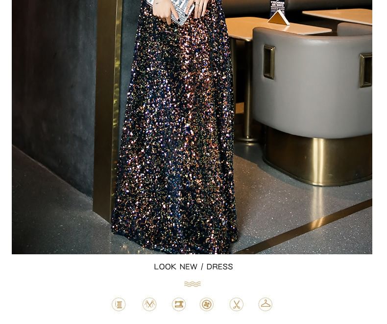 3/4-Sleeve Notch Neck Sequin Panel Evening Gown (Various Designs)