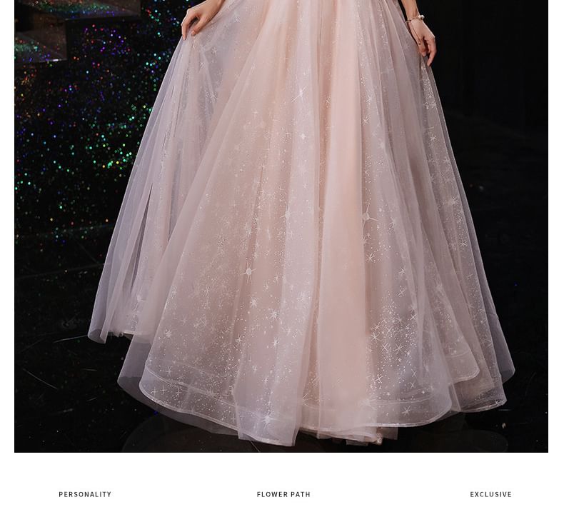 Off-Shoulder Sequin Fluffy Trim Mesh A-Line Evening Gown / Midi Dress