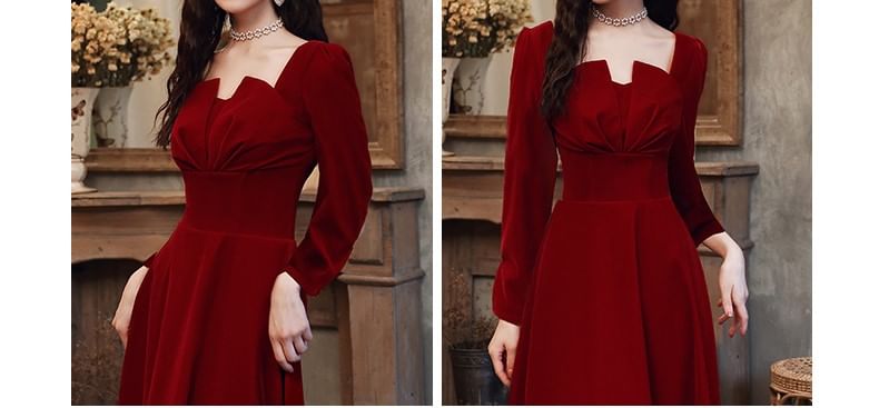 Long-Sleeve Notch Neck Plain Ruched Midi A-Line Cocktail Dress / Evening Gown