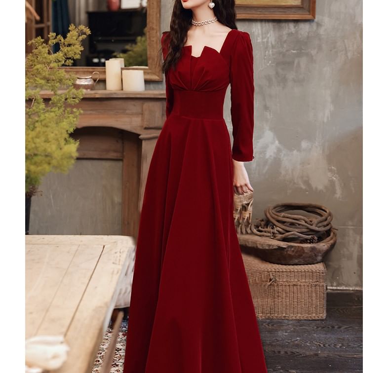Long-Sleeve Notch Neck Plain Ruched Midi A-Line Cocktail Dress / Evening Gown