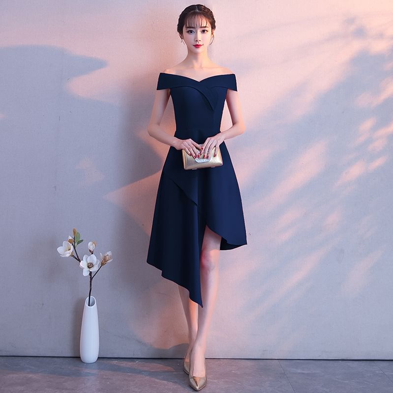 Sleeveless Off Shoulder Plain Asymmetrical A-Line Dress