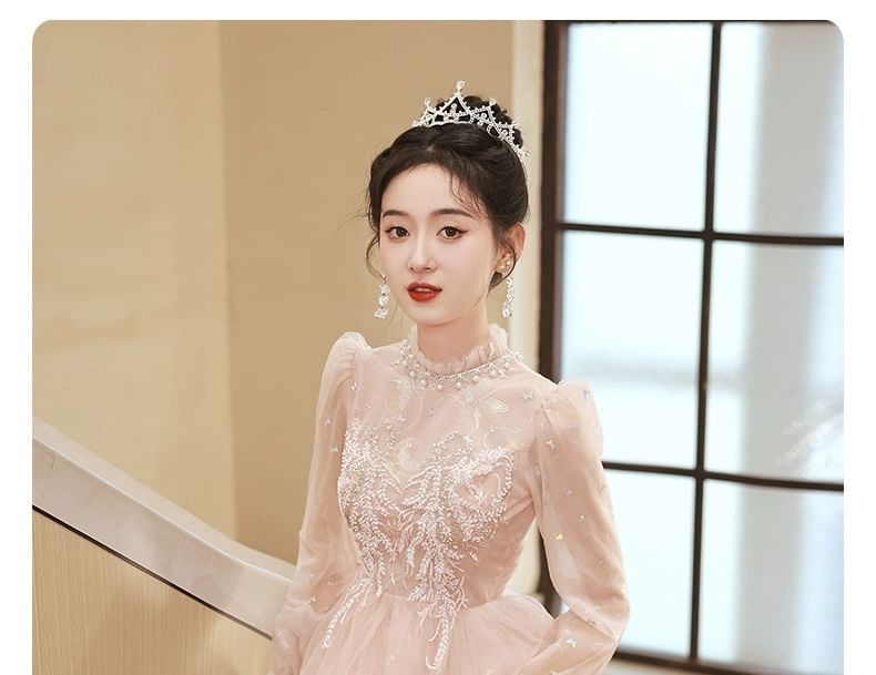 Long Sleeve Stand Collar Applique Beaded Ruffle Mesh A-Line Evening Dress