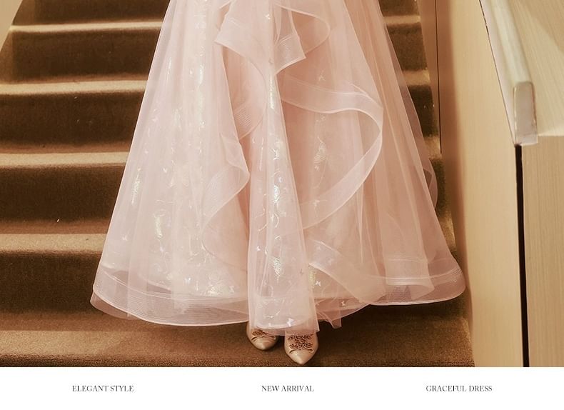 Long Sleeve Stand Collar Applique Beaded Ruffle Mesh A-Line Evening Dress