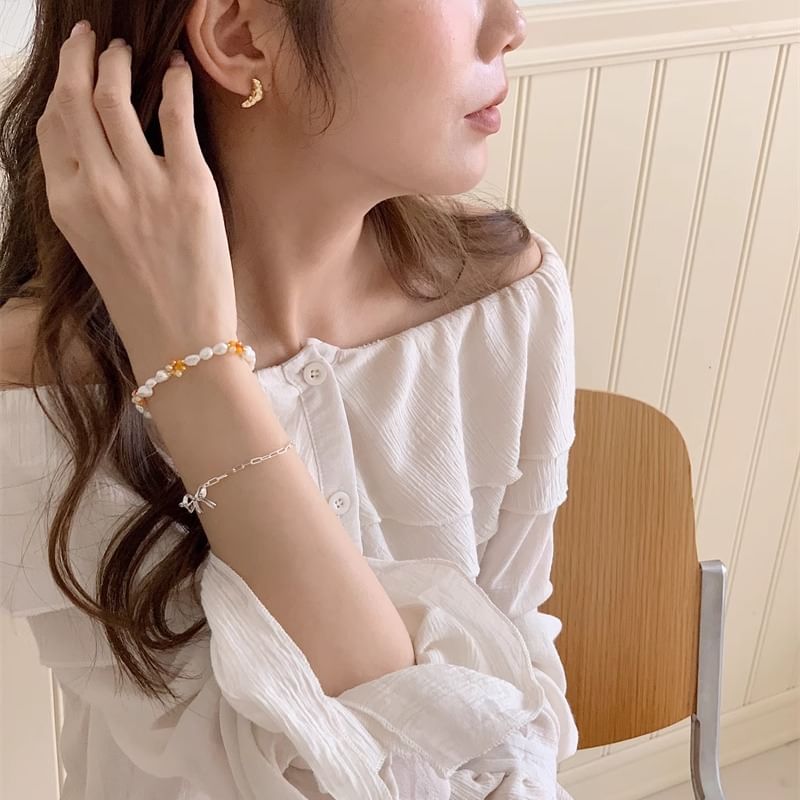 / Bracelet Beaded Bow 925 Pearl Sterling Silver Natural