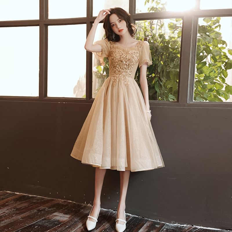 Short-Sleeve Sequin Mesh A-Line Evening Gown / Midi Dress