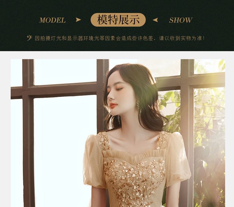 Short-Sleeve Sequin Mesh A-Line Evening Gown / Midi Dress