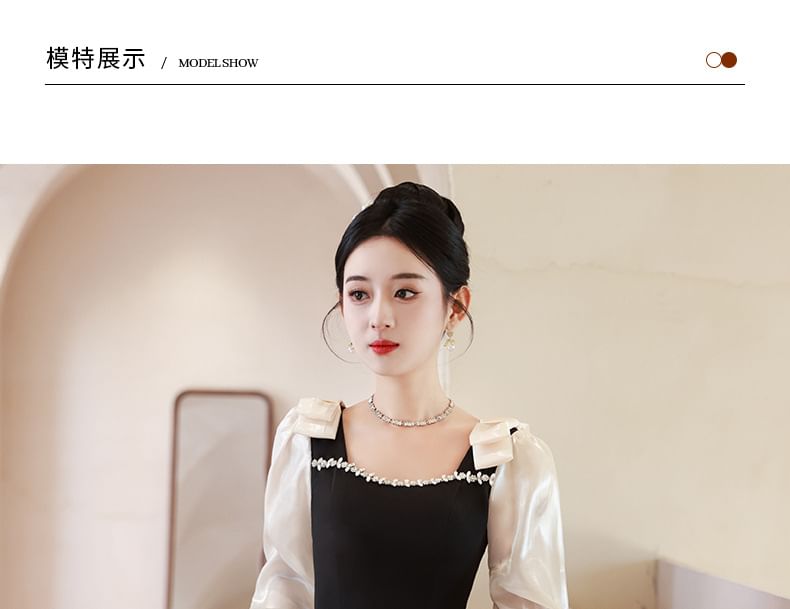 Long-Sleeve Square Neck Two Tone Midi A-Line Evening Dress