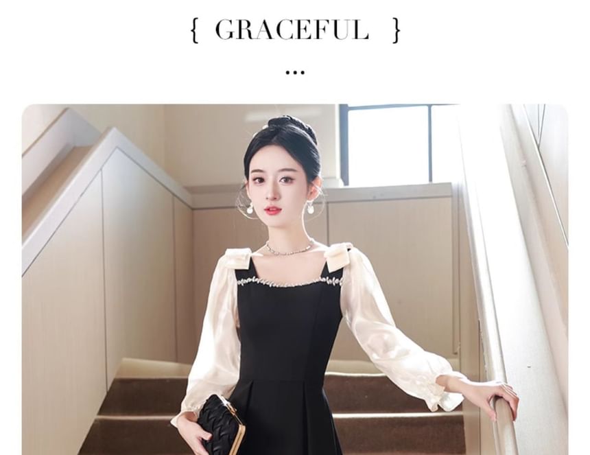 Long-Sleeve Square Neck Two Tone Midi A-Line Evening Dress