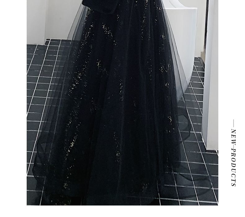 Long Sleeve Sweetheart Neck Two Tone Beaded Sequin Panel Mesh A-Line Evening Gown / Midi Cocktail Dress