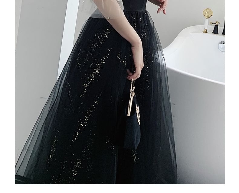 Long Sleeve Sweetheart Neck Two Tone Beaded Sequin Panel Mesh A-Line Evening Gown / Midi Cocktail Dress