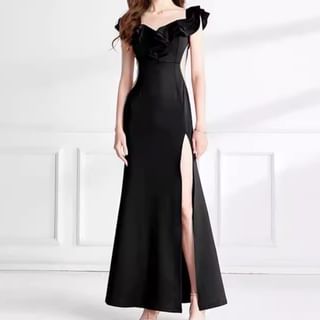 Short-Sleeve Plain Ruffle Side-Slit Mermaid Evening Gown