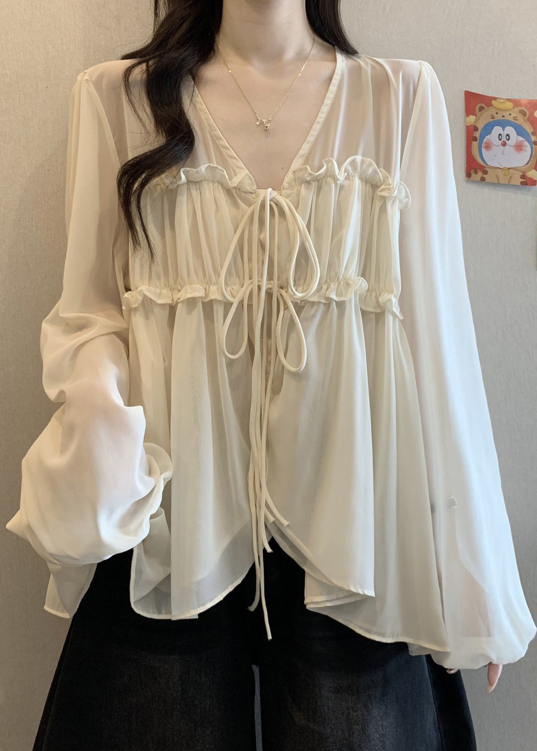 Apricot Fall Ruffled Loose Neck Shirt Chiffon V