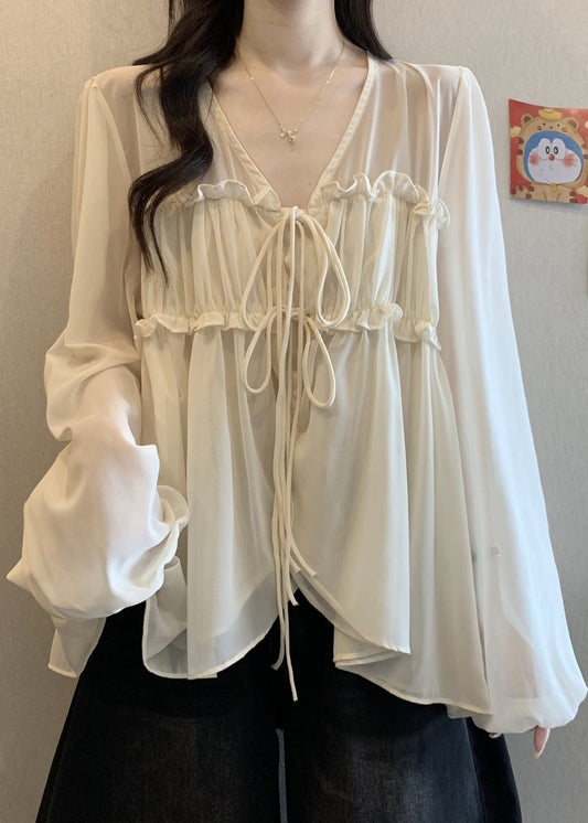 Apricot Fall Ruffled Loose Neck Shirt Chiffon V
