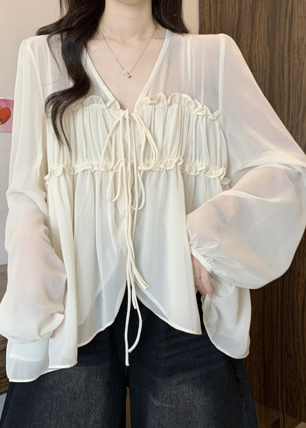 Apricot Fall Ruffled Loose Neck Shirt Chiffon V