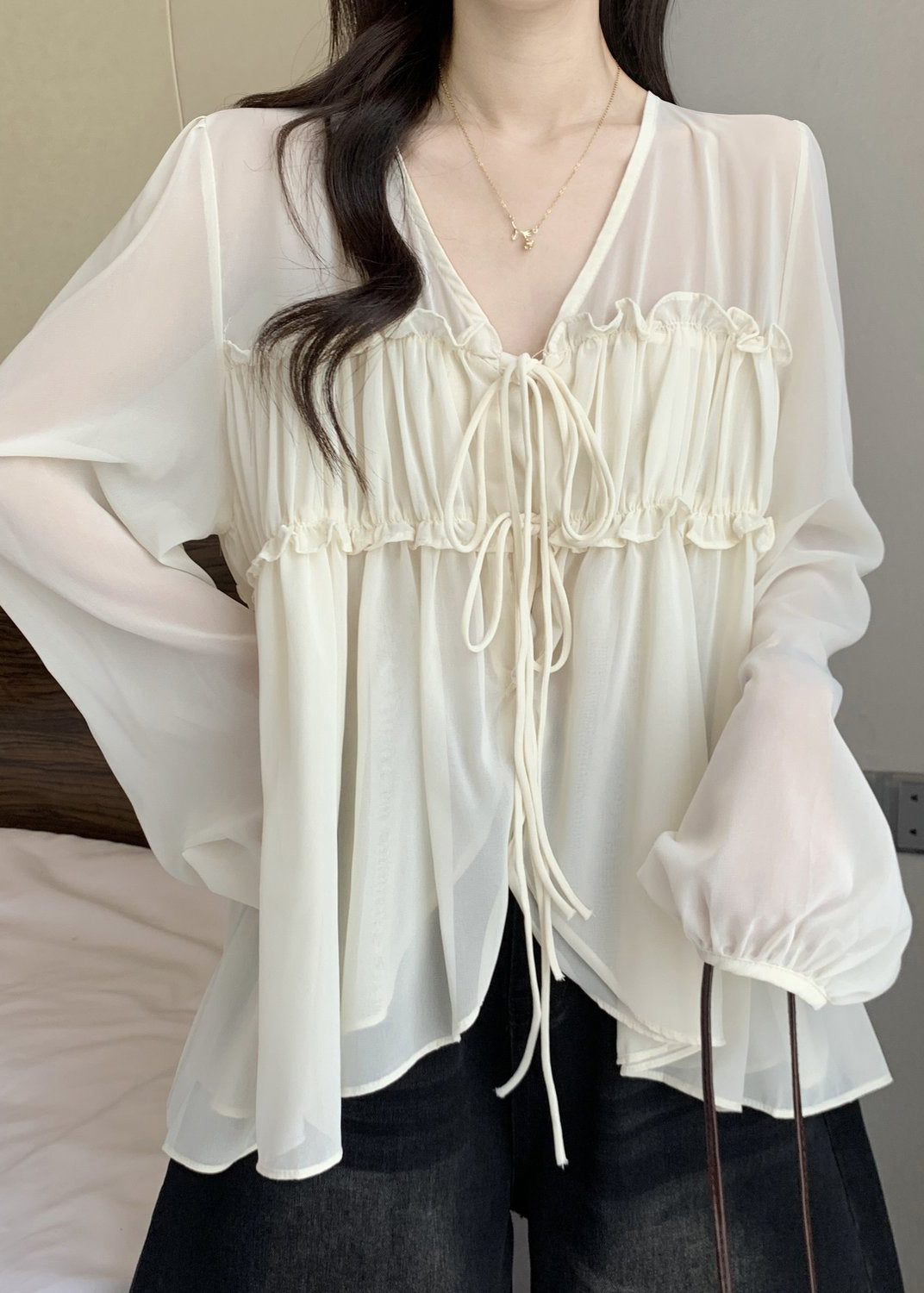 Apricot Fall Ruffled Loose Neck Shirt Chiffon V