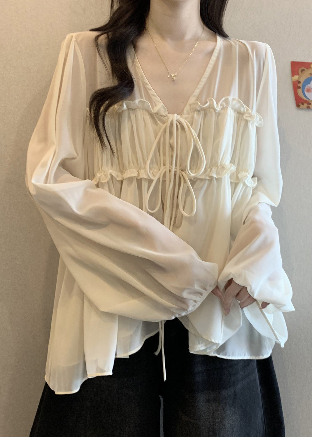 Apricot Fall Ruffled Loose Neck Shirt Chiffon V