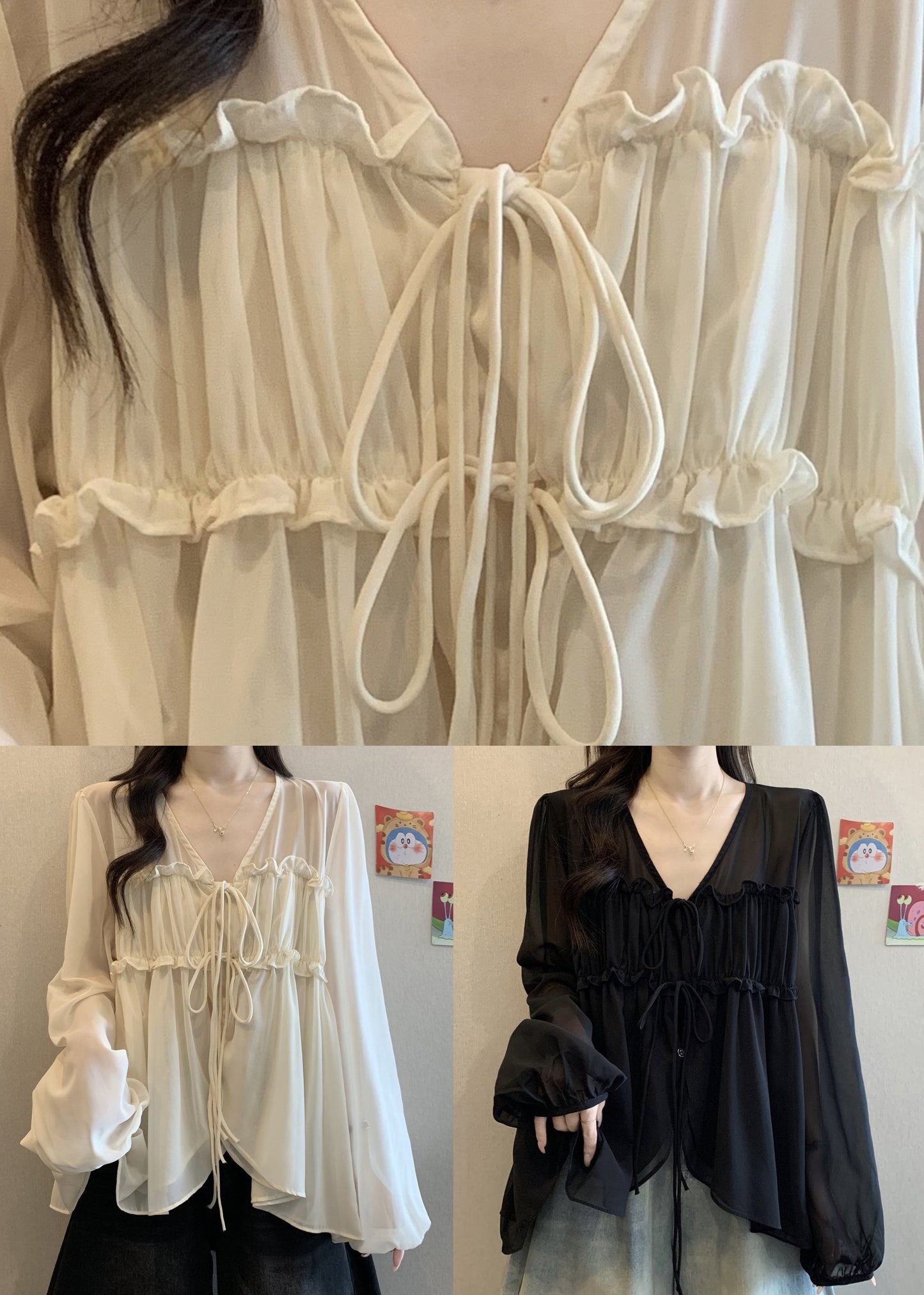 Apricot Fall Ruffled Loose Neck Shirt Chiffon V