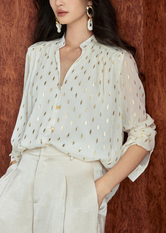 Fall Collar Print Chiffon Shirts Beige Stand Loose
