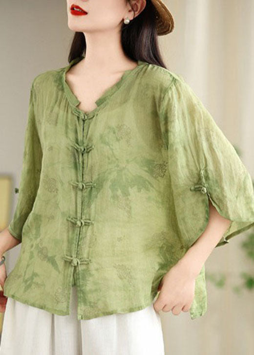 Summer Jacquard Loose Oriental Green Shirt Tops Cotton Button