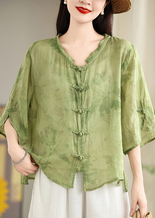 Summer Jacquard Loose Oriental Green Shirt Tops Cotton Button