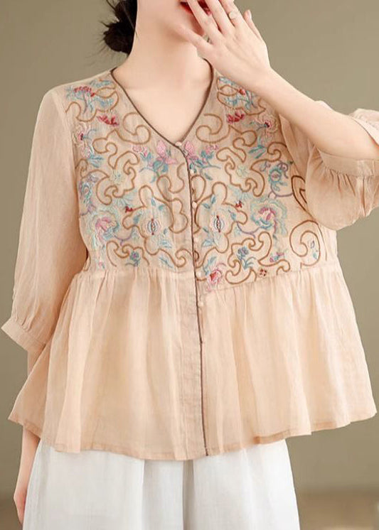 Shirt Fall Neck Linen Embroidered Loose V Khaki
