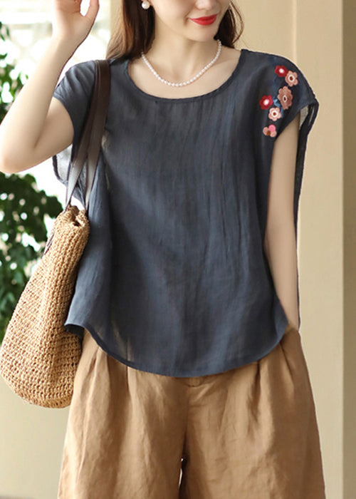 Loose T O Embroidered Neck Shirts Summer Navy Linen