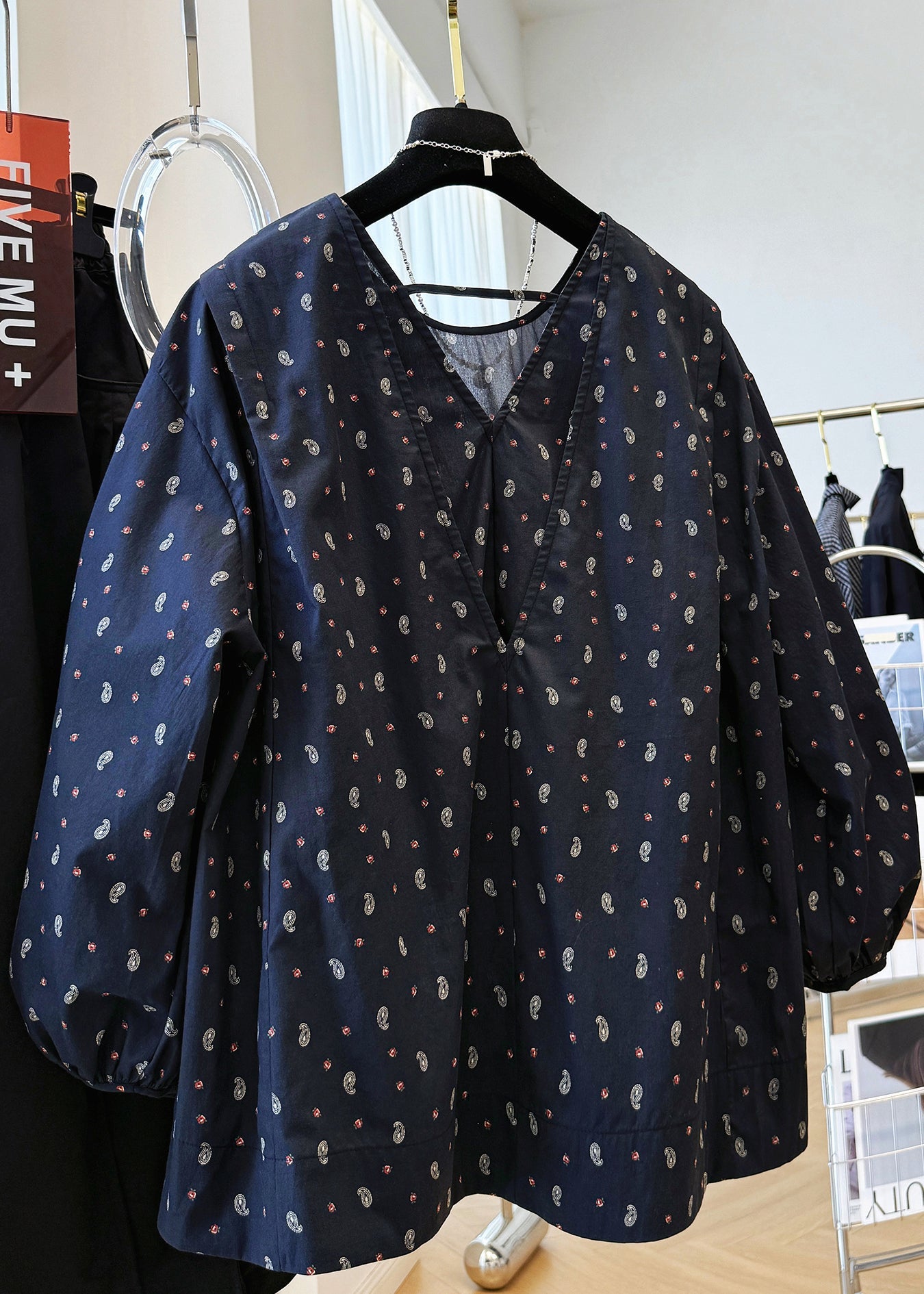 Fall Loose Neck V Cotton Navy Shirts Print