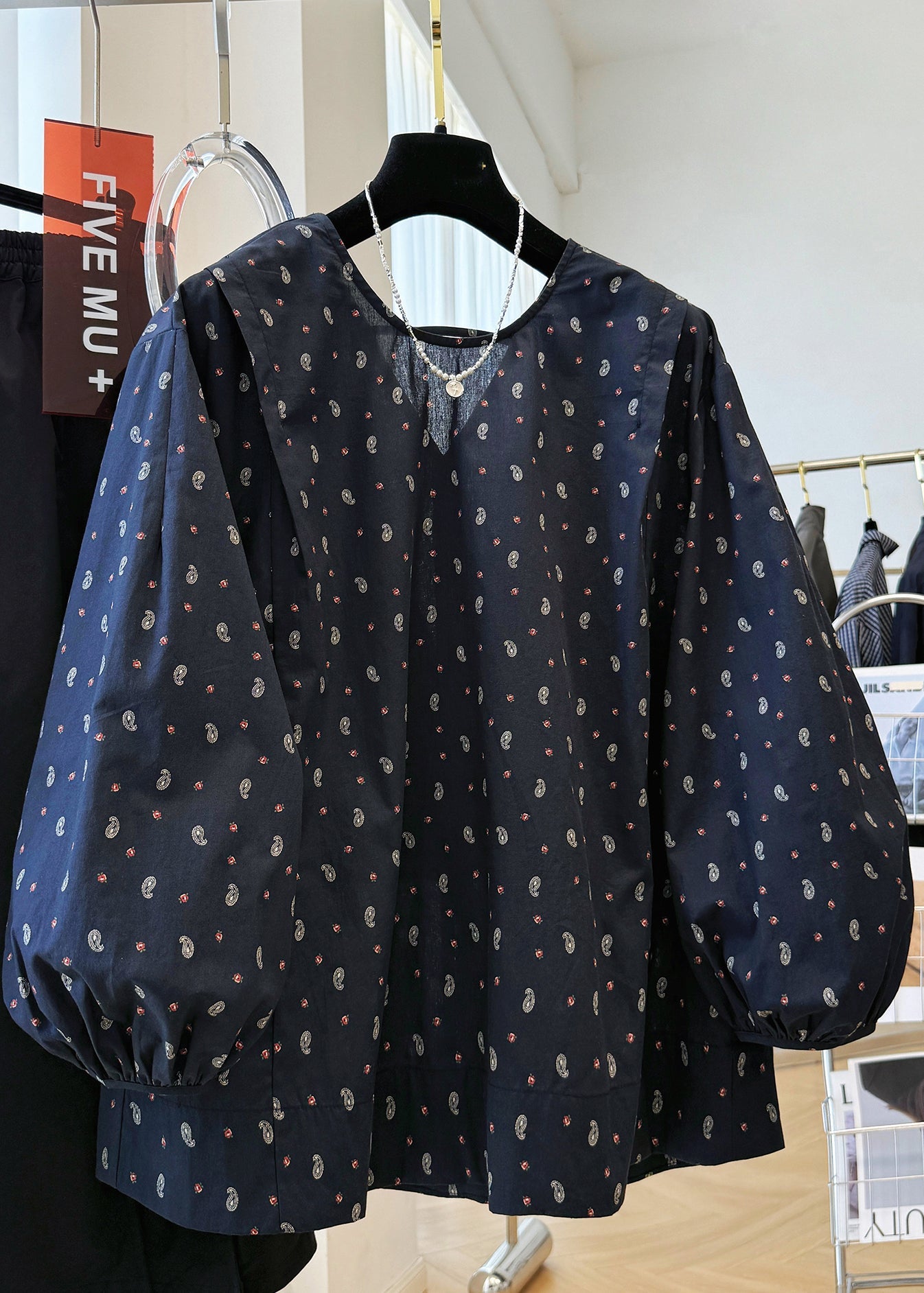 Fall Loose Neck V Cotton Navy Shirts Print