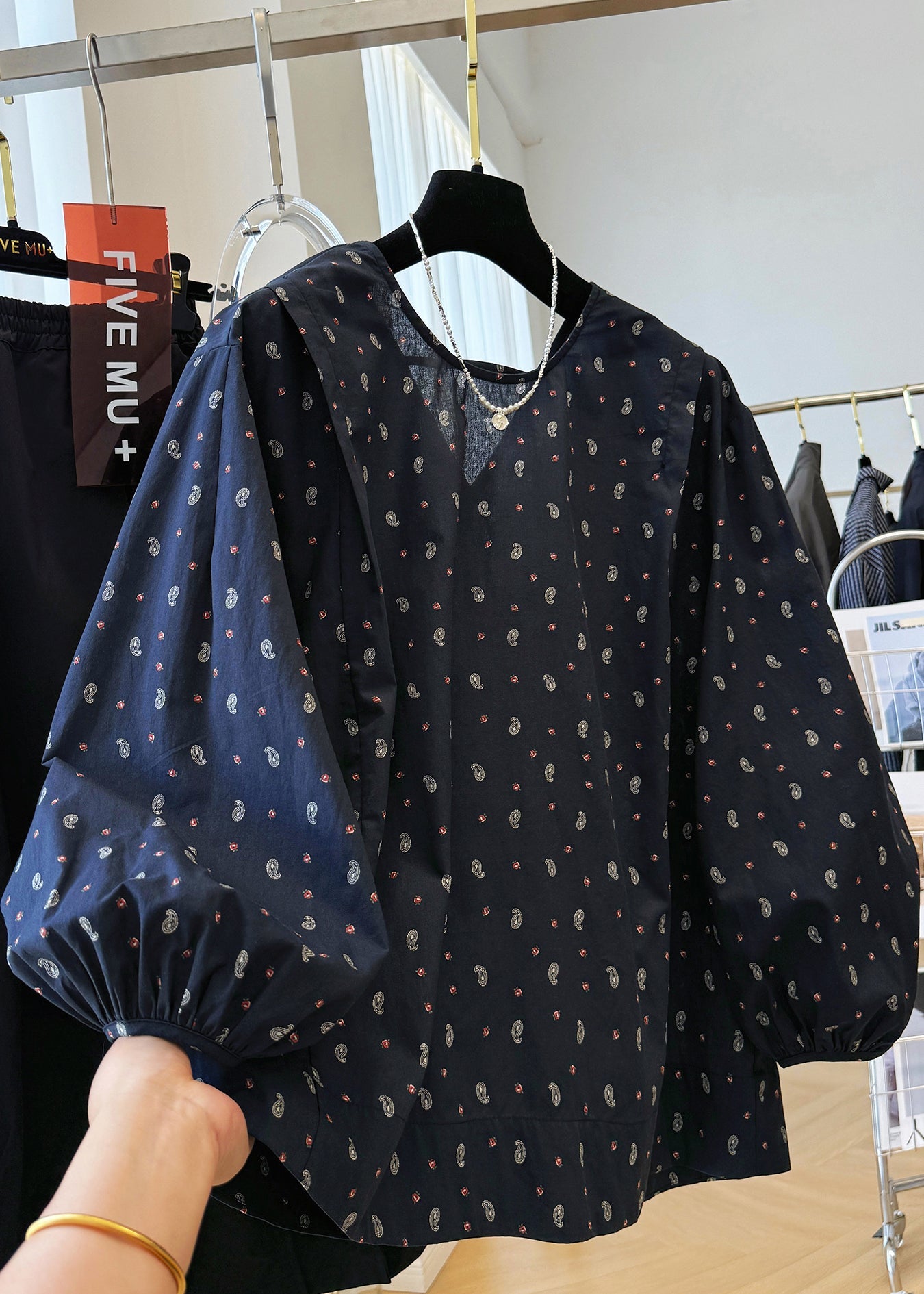 Fall Loose Neck V Cotton Navy Shirts Print