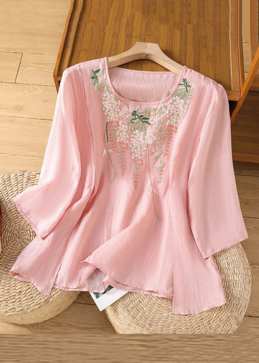 Bracelet Shirt Loose Pink Linen Solid Embroidered Sleeve T
