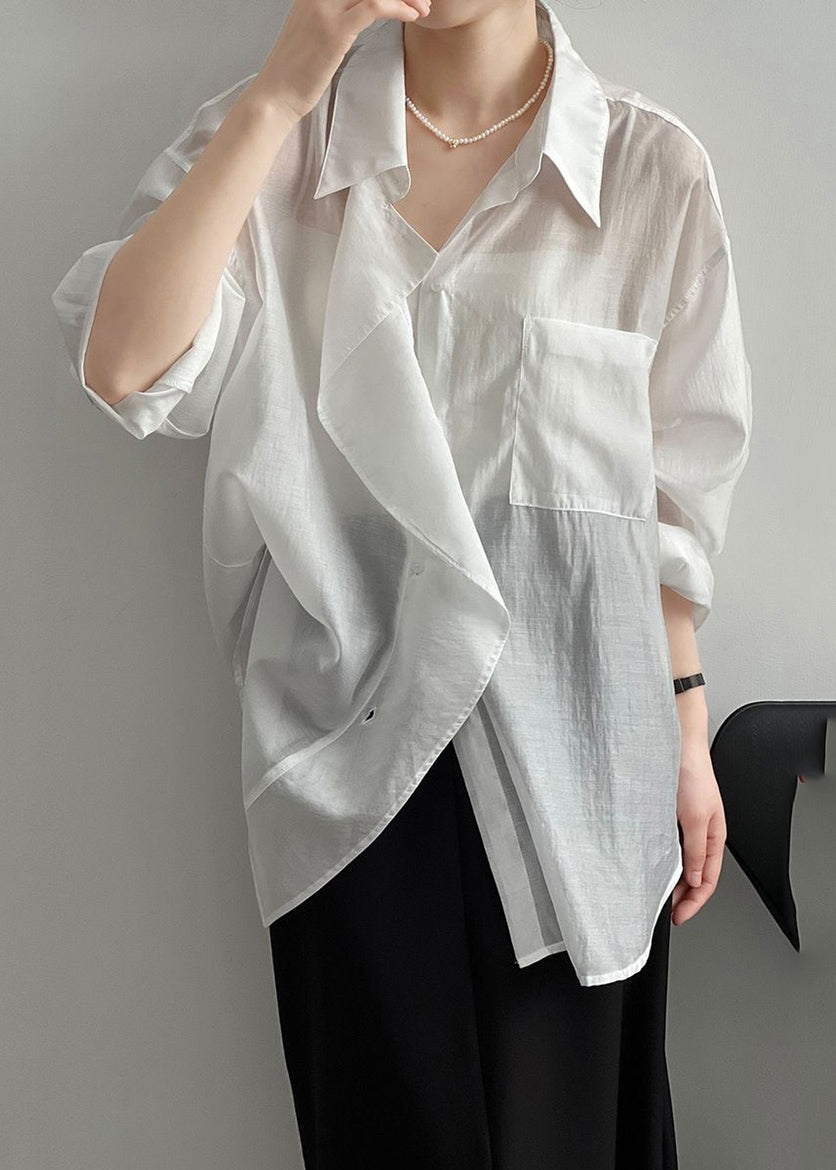 Loose White Peter Pan Collar Patchwork Button Silk Shirt Long Sleeve VB1083