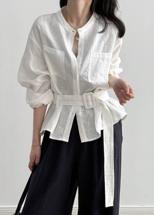 Pockets White Tie Loose Shirt Fall Linen Waist