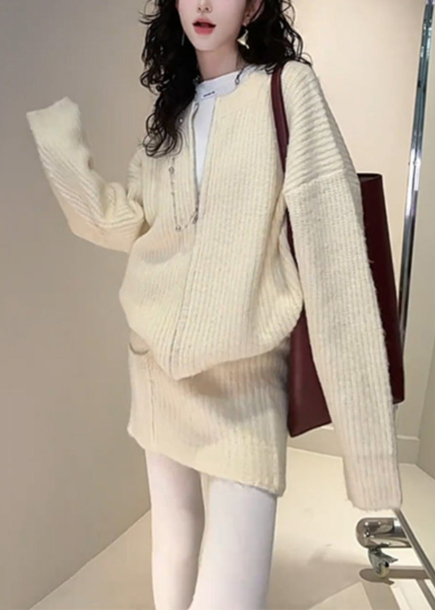 Cardigan Fall Set And Yellow Zippered Loose Knit Skirts Two Piece